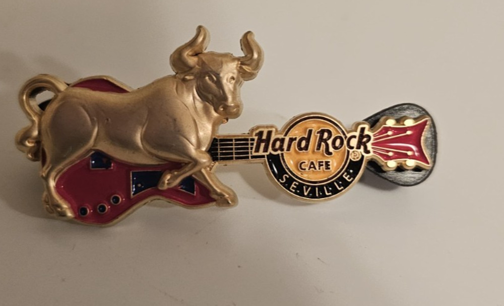 Hard Rock Cafe Enamel Red Guitar with Gold bull Seville Pin